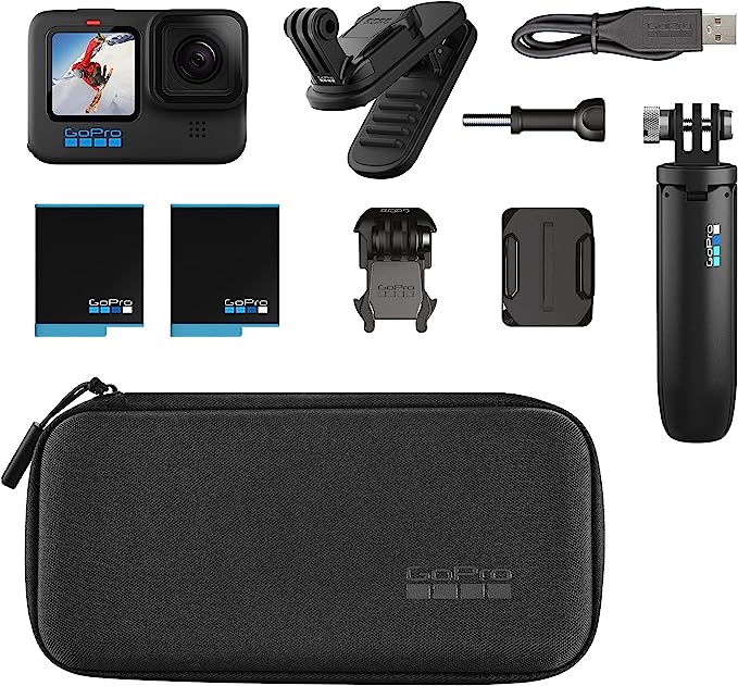 Camera GoPro HERO10 Black Kit de Acessorios a Prova Dagua Videos 5.3K 60 Fotos 23MP GP2 HyperSmooth 4.0 Live Streaming Webcam Conexao Nuvem Preta